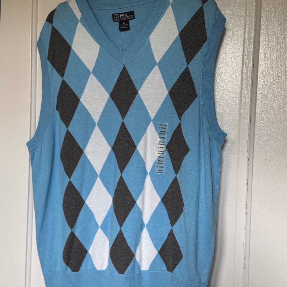 PGA Tour Light Blue and Gray Argyle V-Neck Sweater Vest